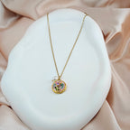 Anti-Tarnish Korean Jewelry Pink Enamel Floral Round Disc Necklace with Pearl Drop