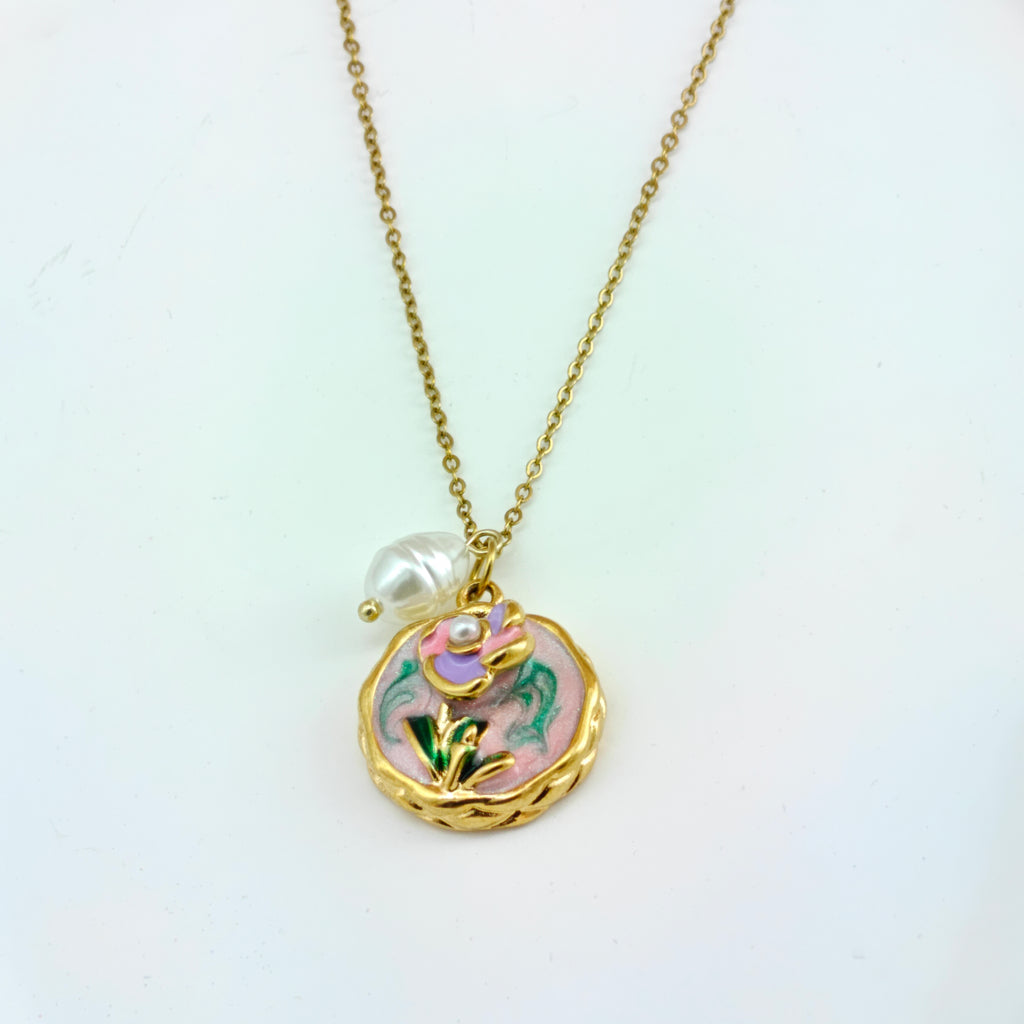 Anti-Tarnish Korean Jewelry Pink Enamel Floral Round Disc Necklace with Pearl Drop