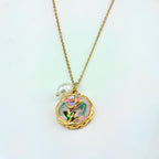 Anti-Tarnish Korean Jewelry Pink Enamel Floral Round Disc Necklace with Pearl Drop
