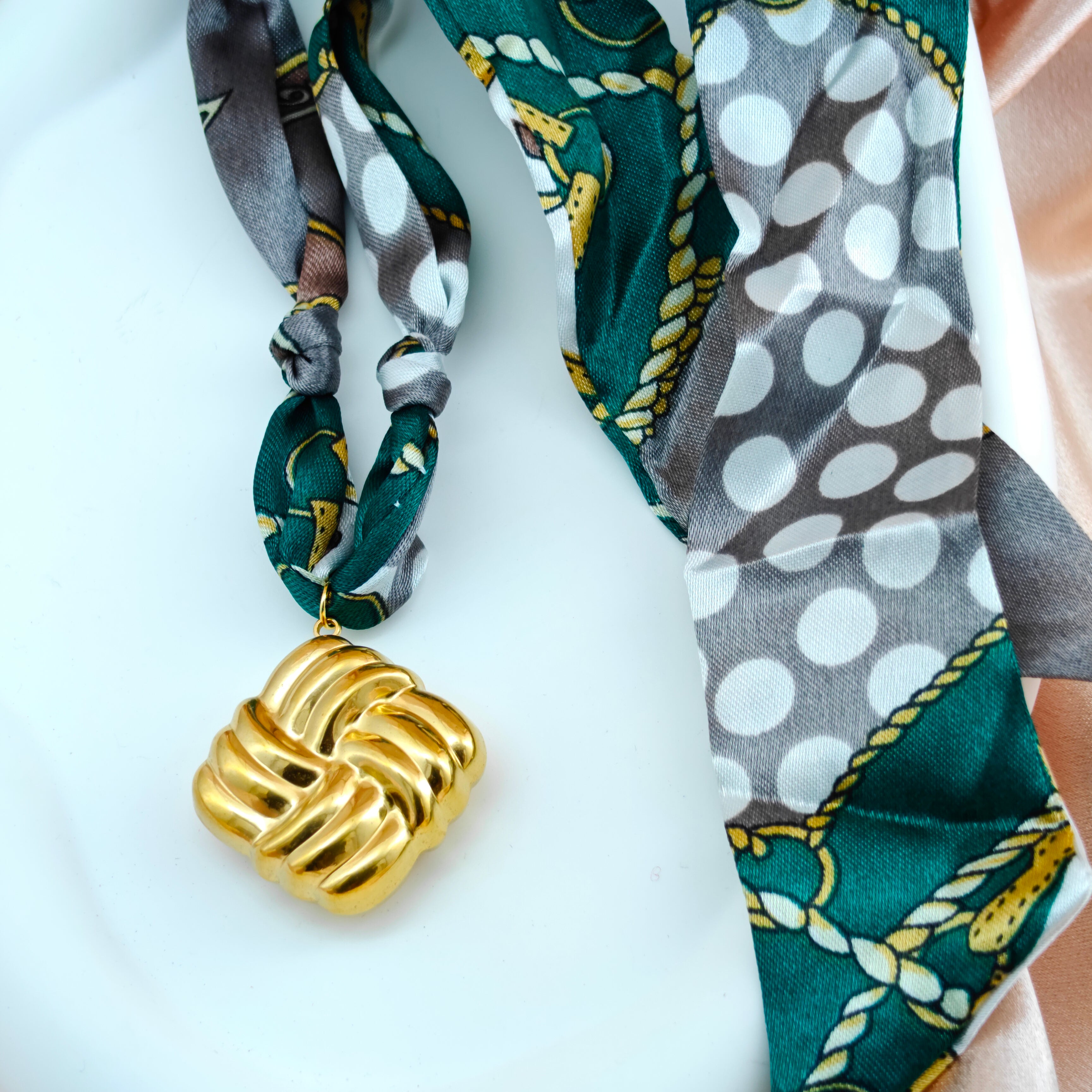 Bold Square Knot Charm Scarf Necklace  Anti-Tarnish Korean Style Statement Jewelry