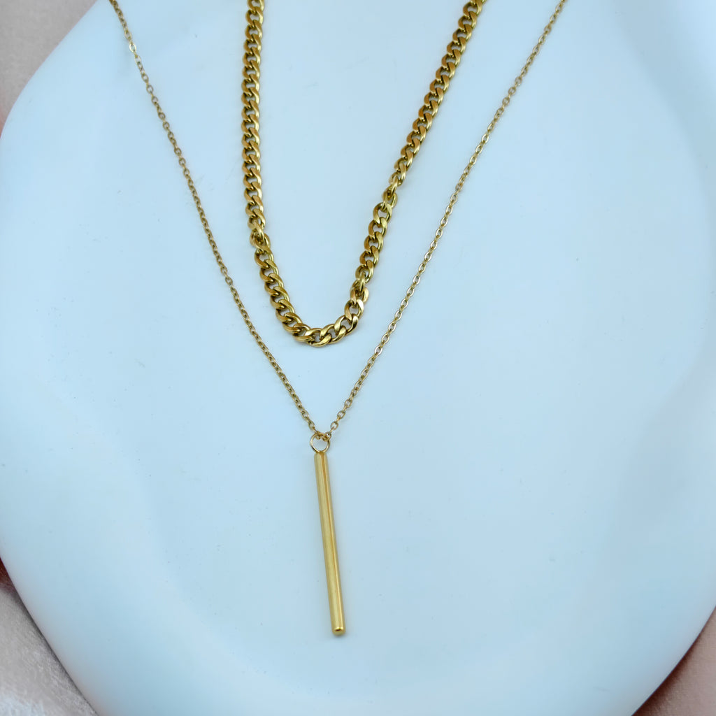 Layered Bar Pendant & Curb Chain Necklace - Anti-Tarnish Korean Jewelry