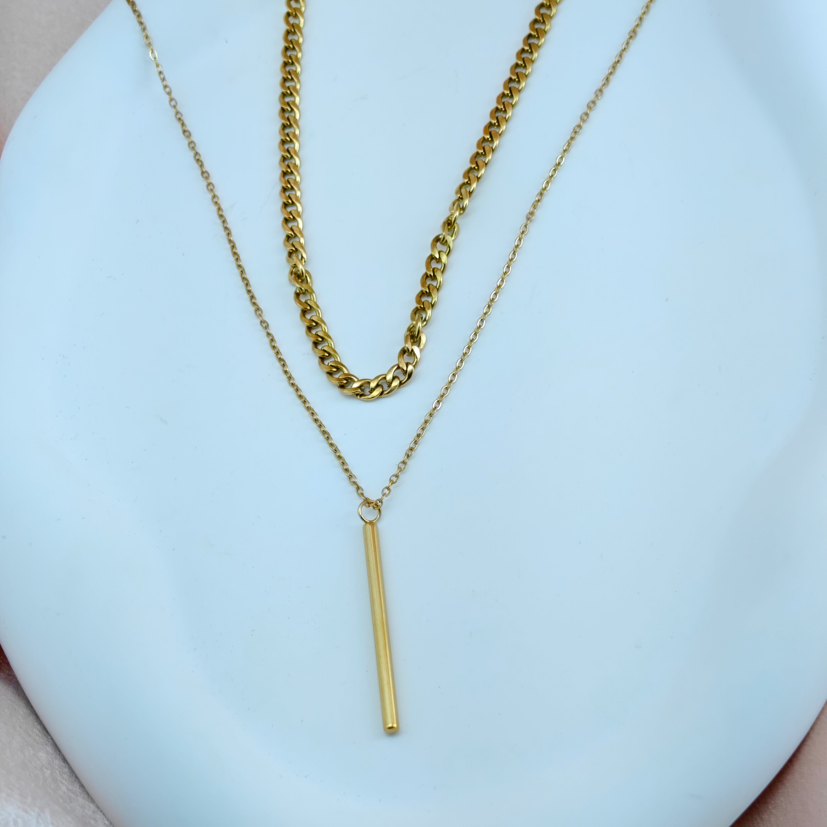 Layered Bar Pendant & Curb Chain Necklace - Anti-Tarnish Korean Jewelry