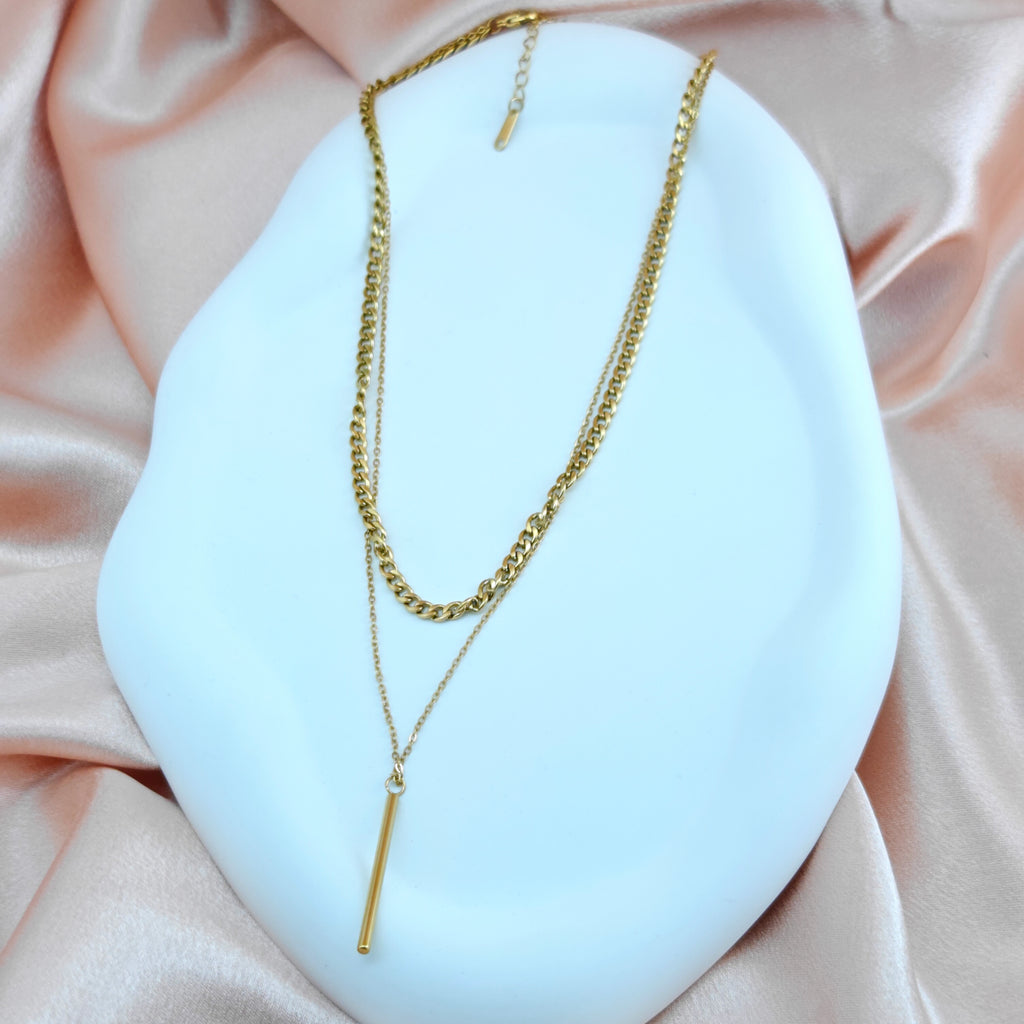 Layered Bar Pendant & Curb Chain Necklace - Anti-Tarnish Korean Jewelry