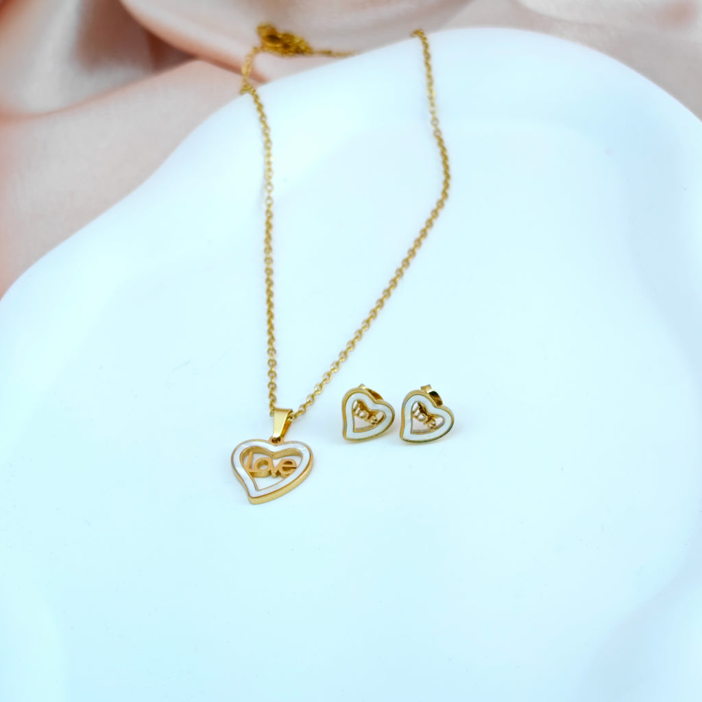 Korean Anti-Tarnish Jewelry Mother-of-Pearl Heart Shape Necklace and Earrings Set