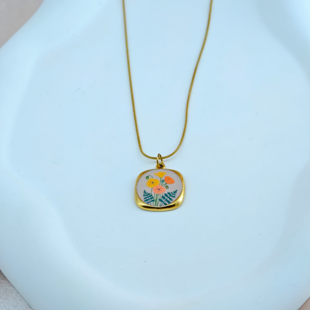 Square Floral Medallion Necklace Anti-Tarnish Korean Jewelry