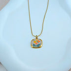 Square Floral Medallion Necklace Anti-Tarnish Korean Jewelry