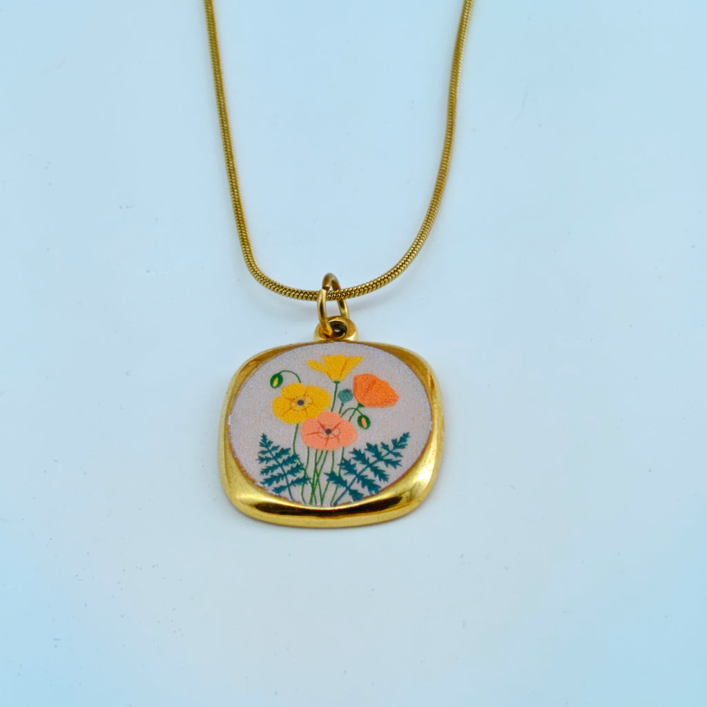Square Floral Medallion Necklace Anti-Tarnish Korean Jewelry