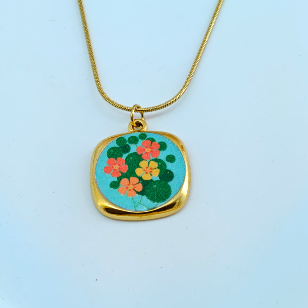 Water Lily Square Pendant Necklace  Anti-Tarnish Korean Jewelry