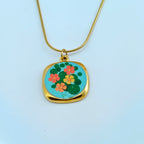 Water Lily Square Pendant Necklace  Anti-Tarnish Korean Jewelry