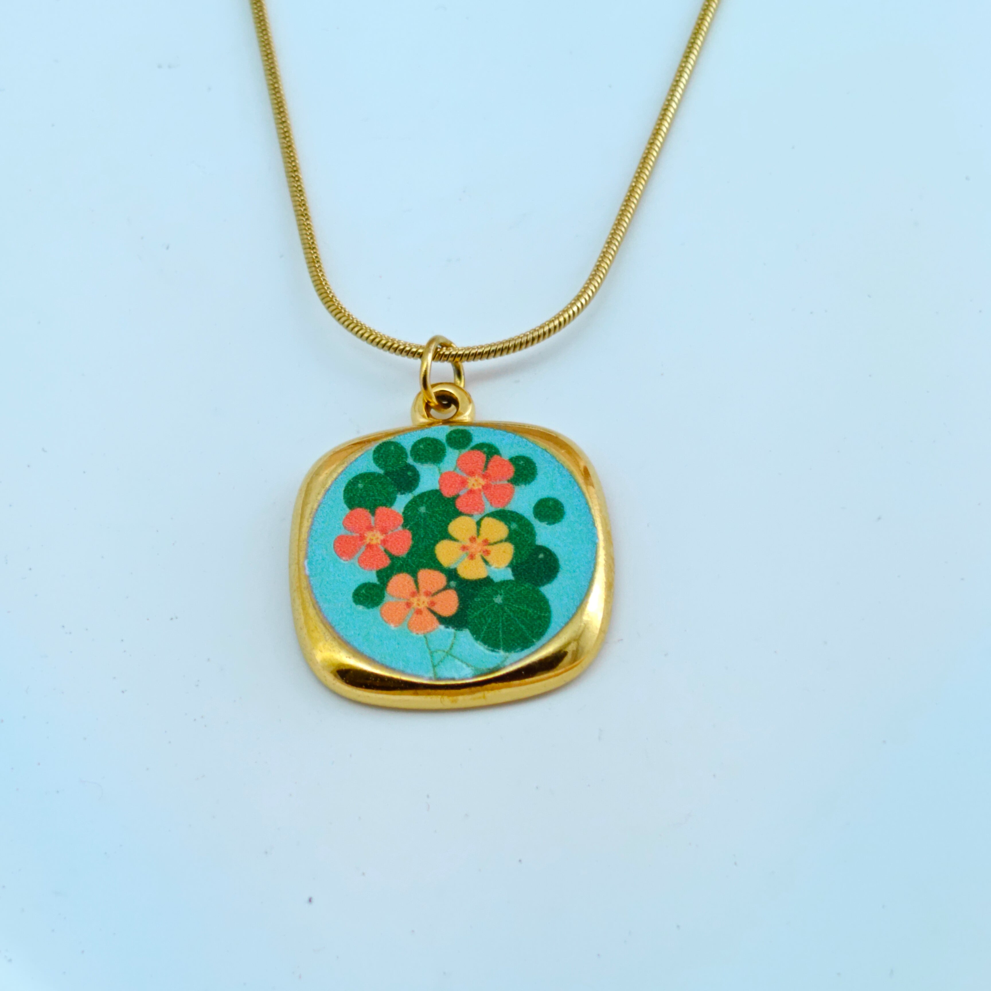 Water Lily Square Pendant Necklace  Anti-Tarnish Korean Jewelry