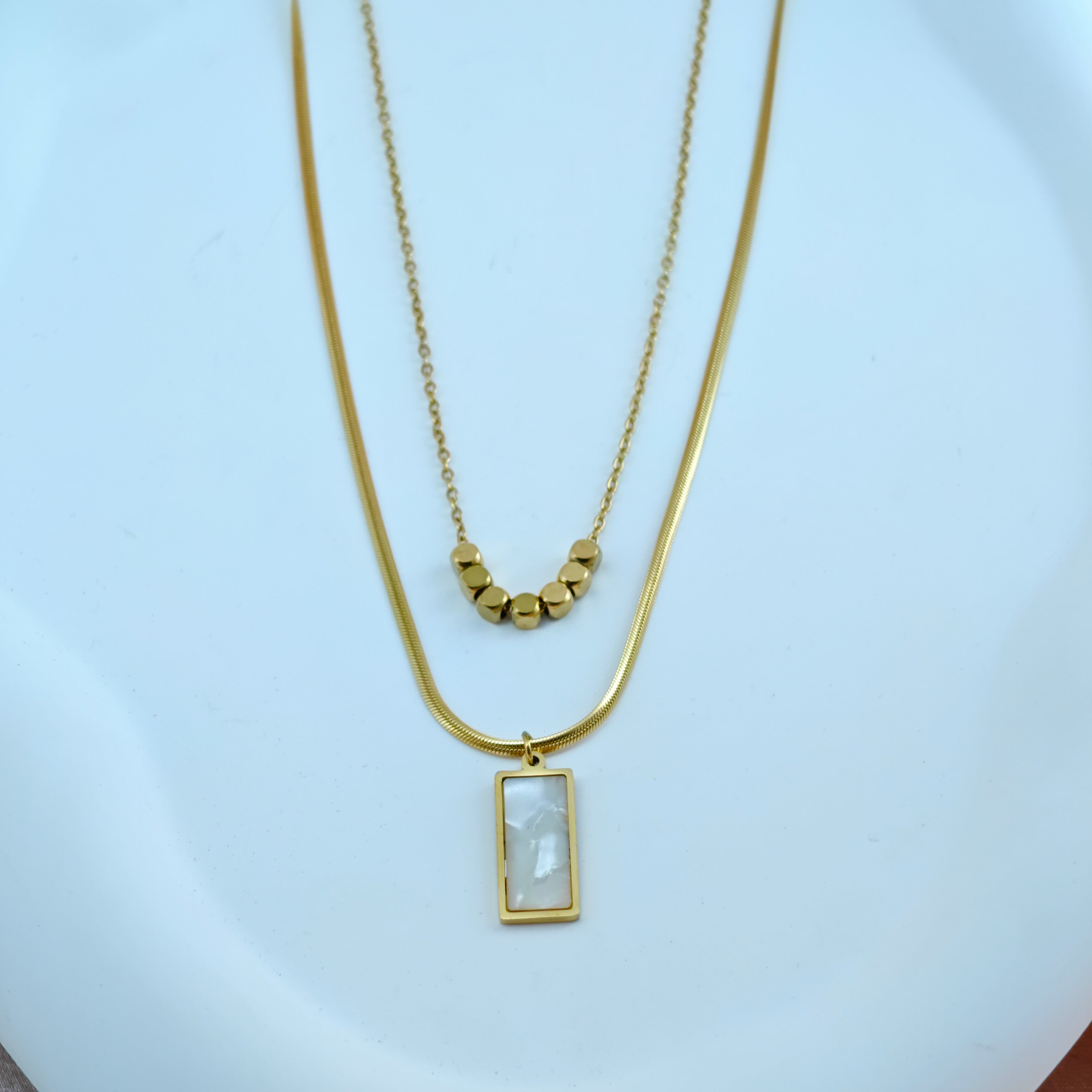 Layered Rectangle Mother-of-Pearl & Bead Necklace Anti-Tarnish Korean Jewelry
