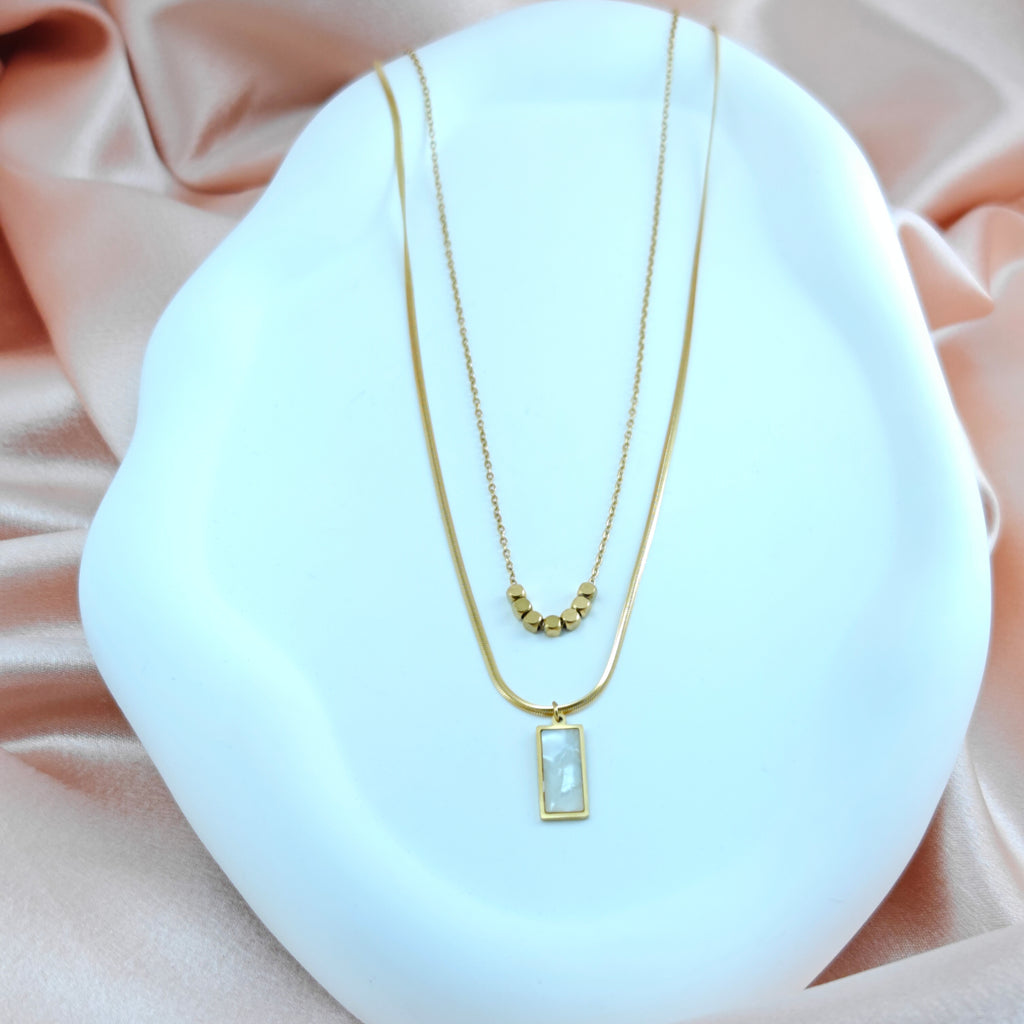 Layered Rectangle Mother-of-Pearl & Bead Necklace Anti-Tarnish Korean Jewelry