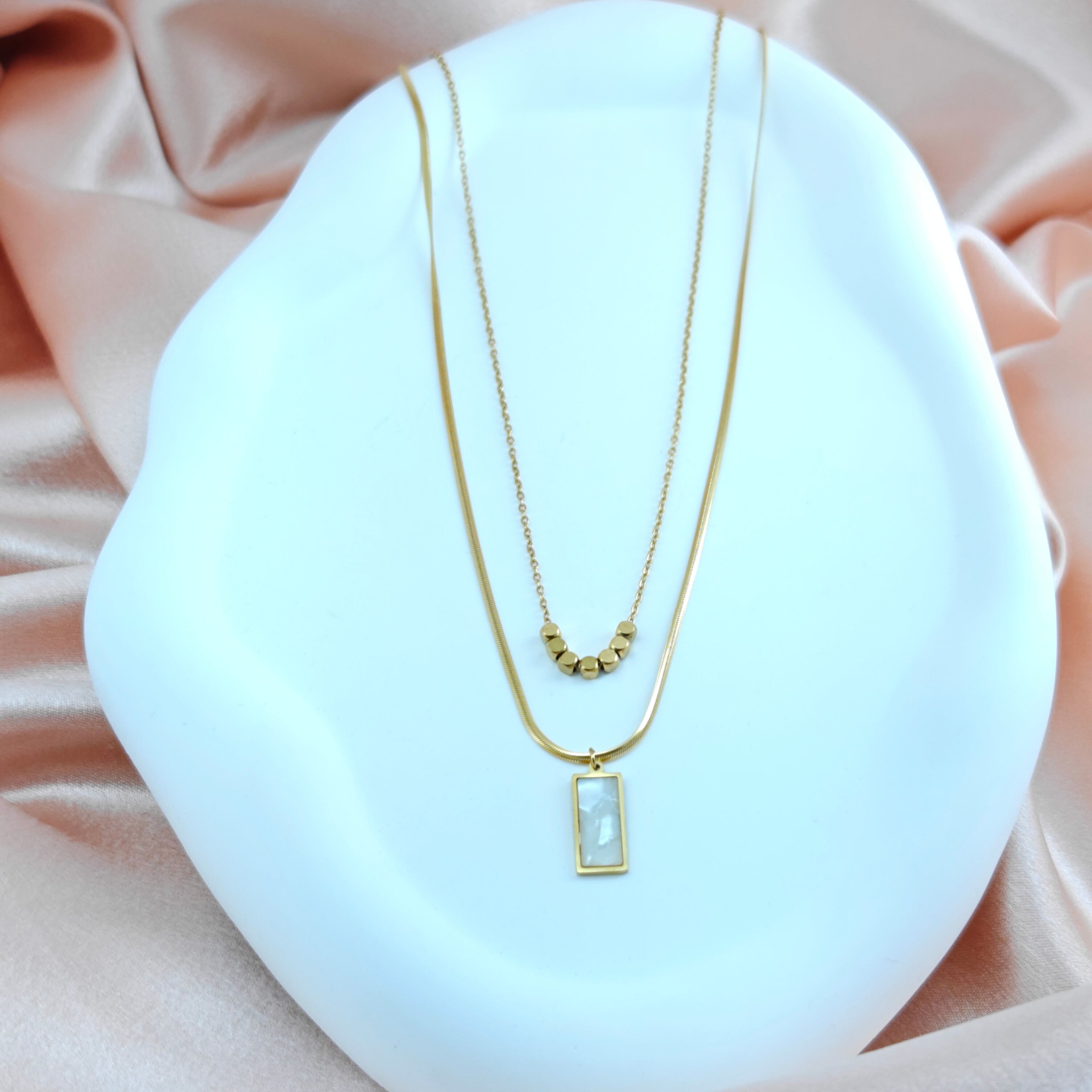 Layered Rectangle Mother-of-Pearl & Bead Necklace Anti-Tarnish Korean Jewelry