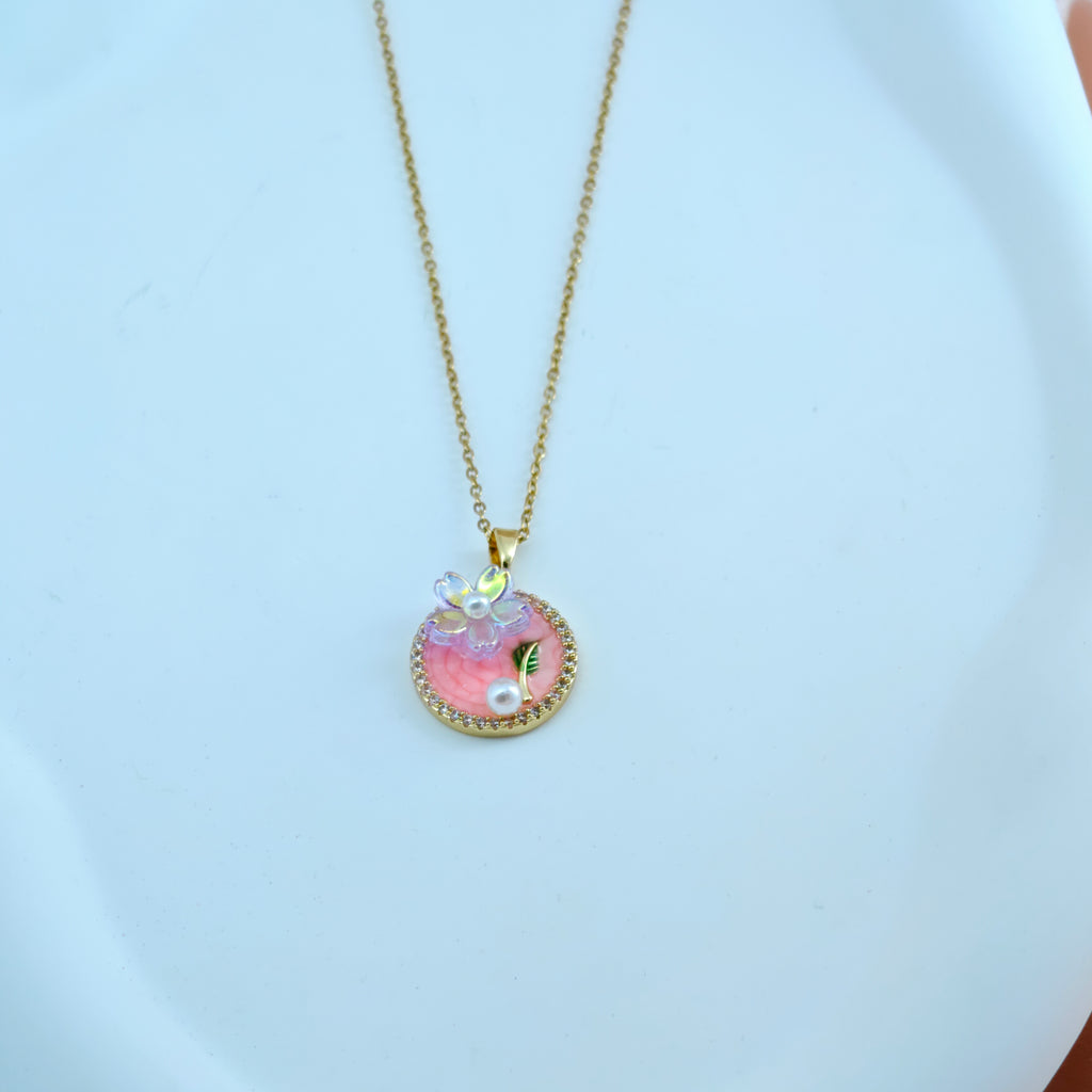 Round Enamel Flower Medallion Necklace  Anti-Tarnish Korean Jewelry