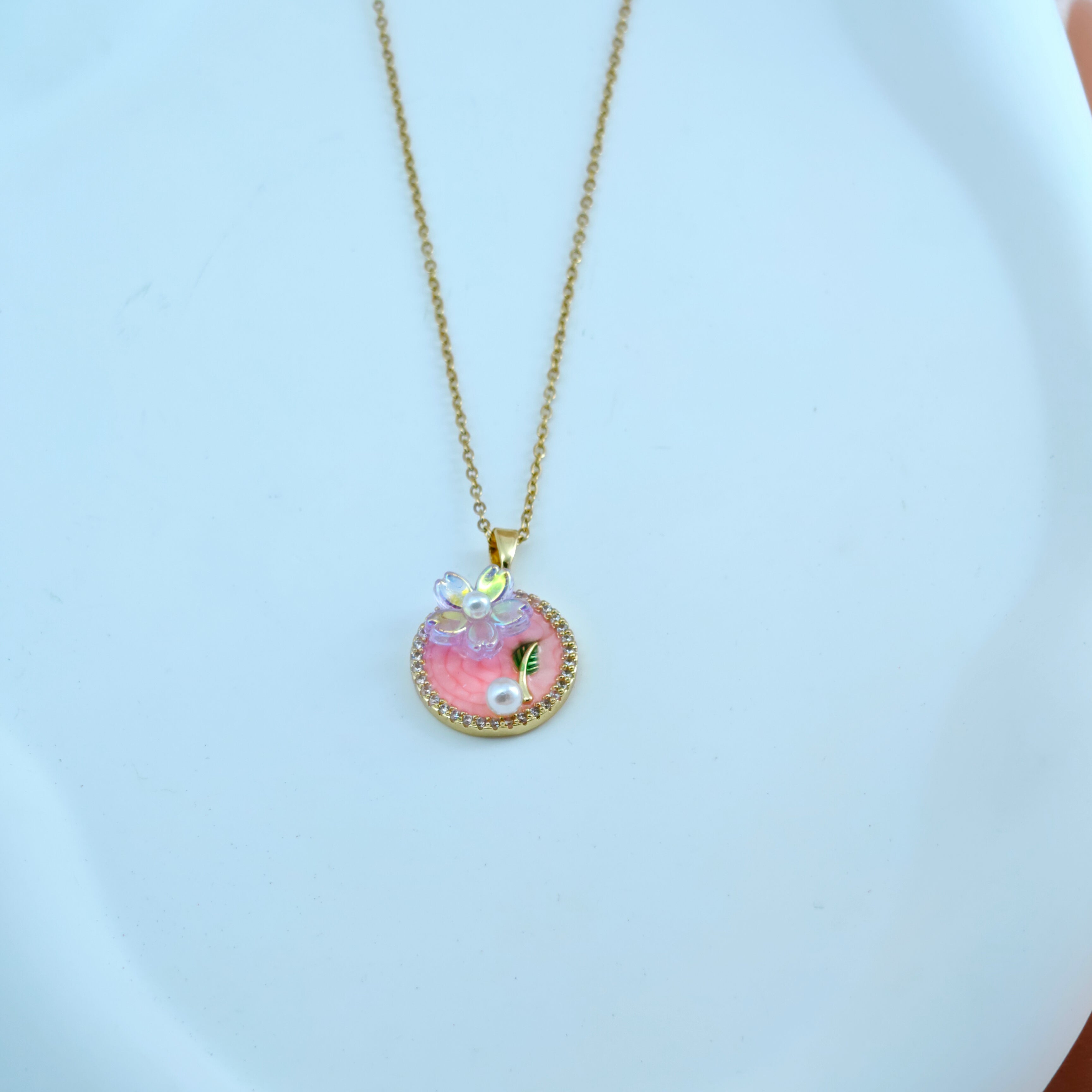 Round Enamel Flower Medallion Necklace  Anti-Tarnish Korean Jewelry