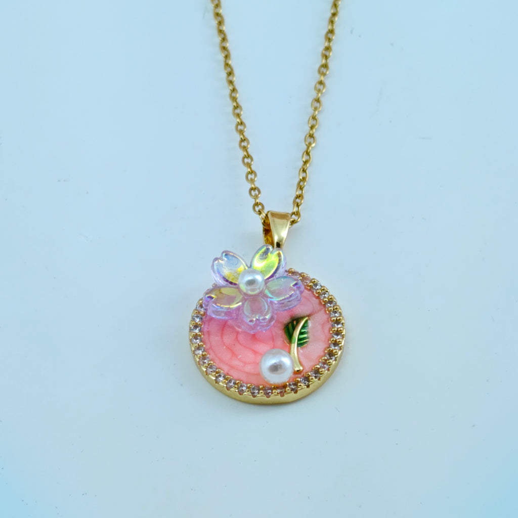 Round Enamel Flower Medallion Necklace  Anti-Tarnish Korean Jewelry