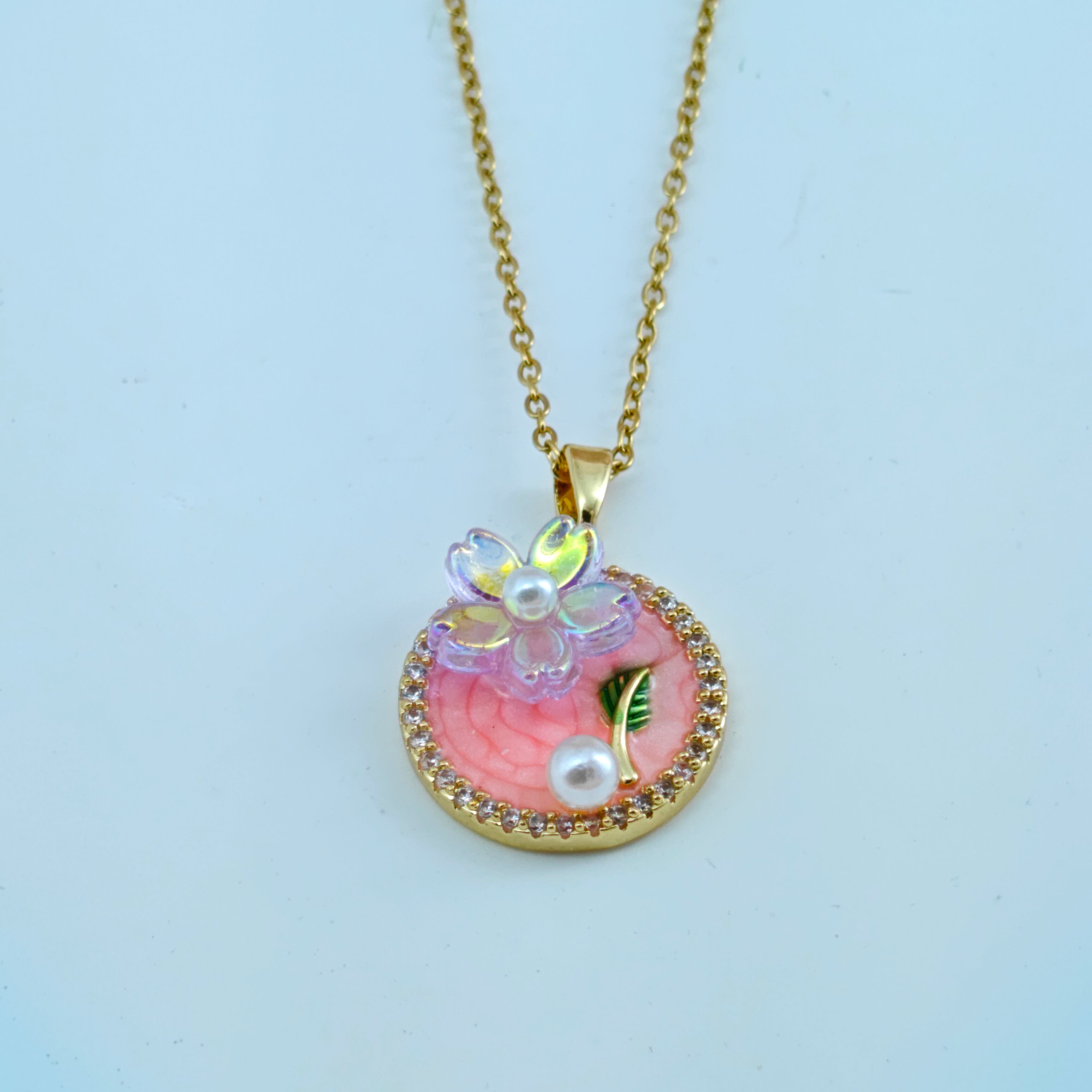 Round Enamel Flower Medallion Necklace  Anti-Tarnish Korean Jewelry