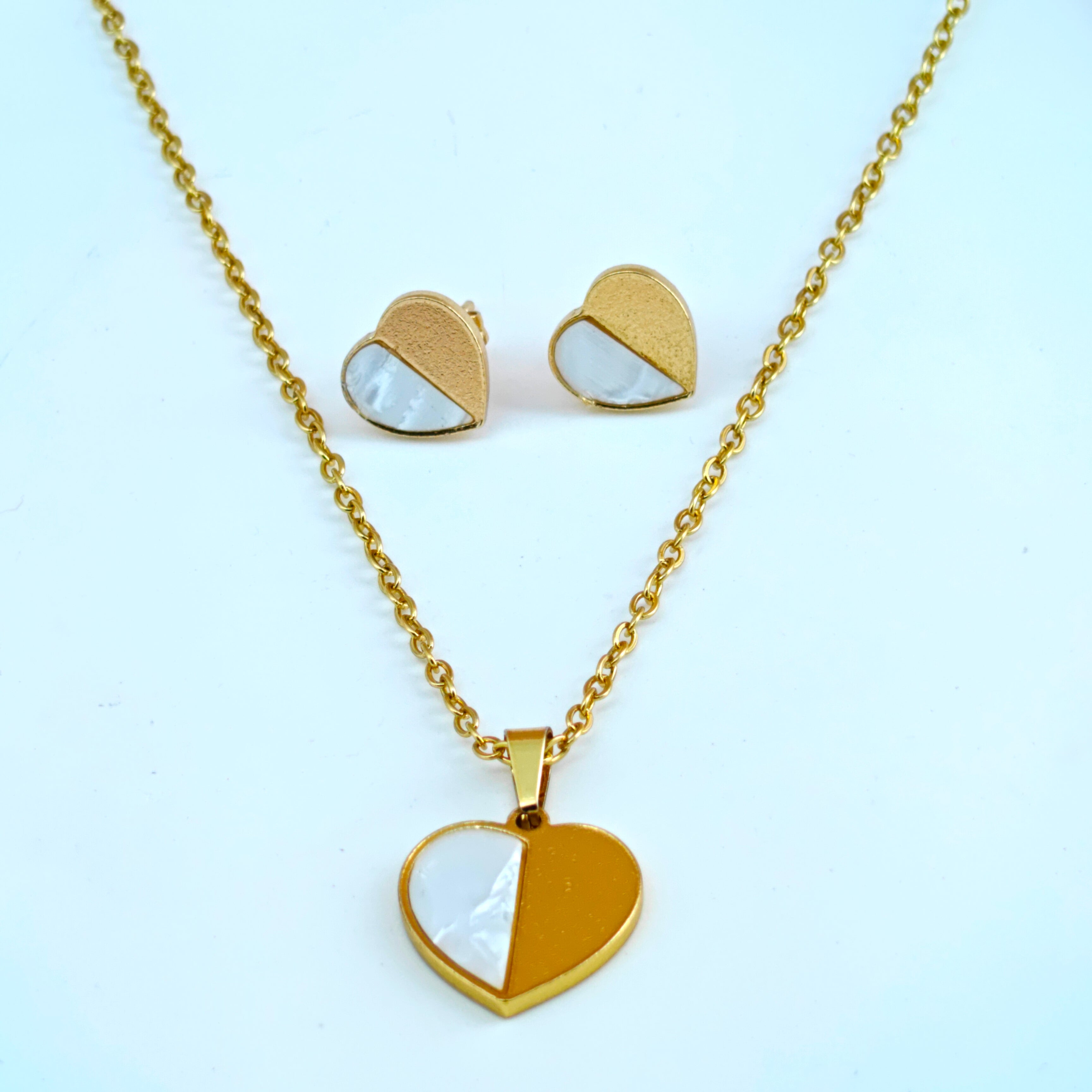 Dual-Tone Heart Shape Jewelry Set - Anti-Tarnish Korean Necklace & Studs