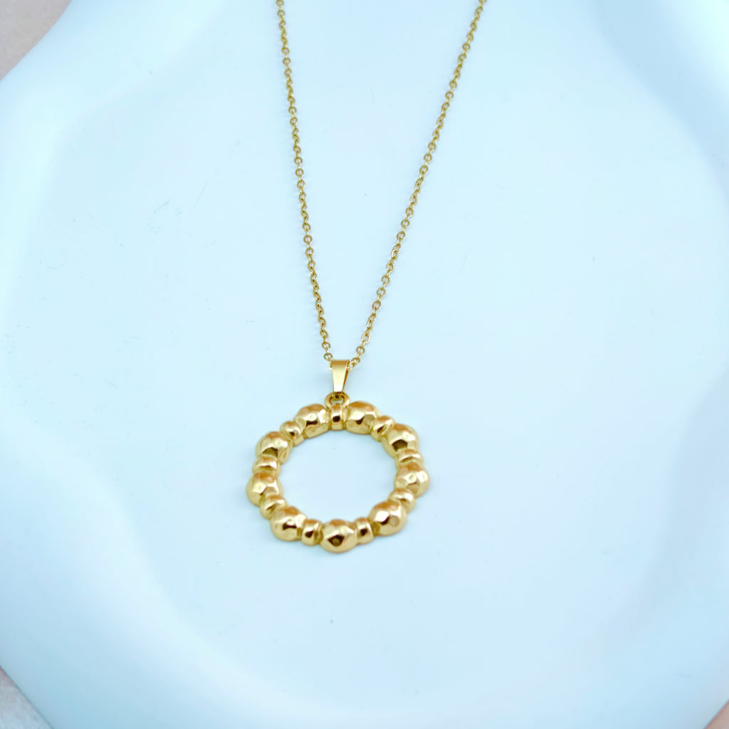 Anti-Tarnish Korean Jewelry Gold Beaded Circle Pendant Necklace