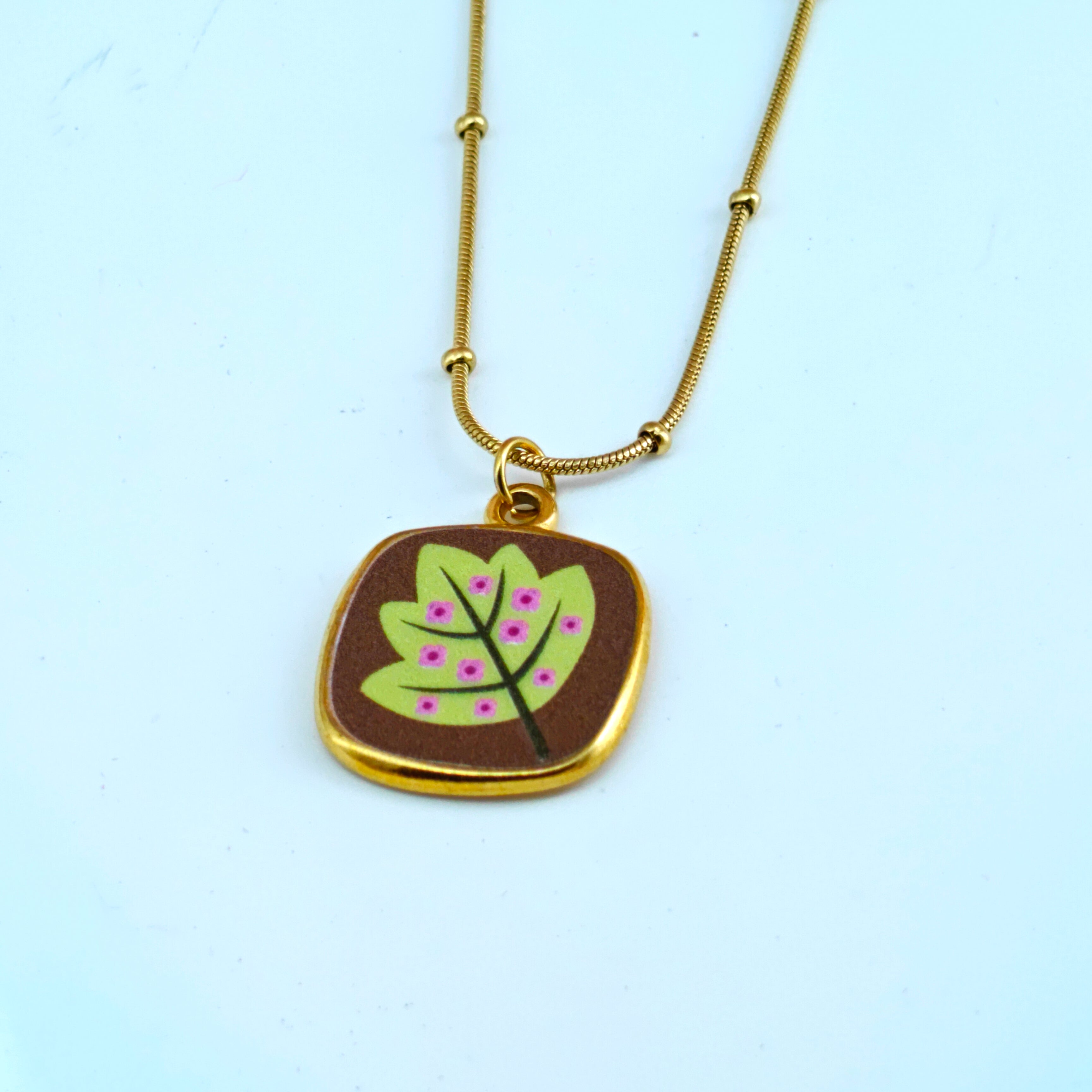 Cute Enamel Leaf Pendant Necklace | Anti-Tarnish Korean Jewelry