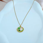 Round Enamel Rose Pendant Necklace  Anti-Tarnish Korean Jewelry