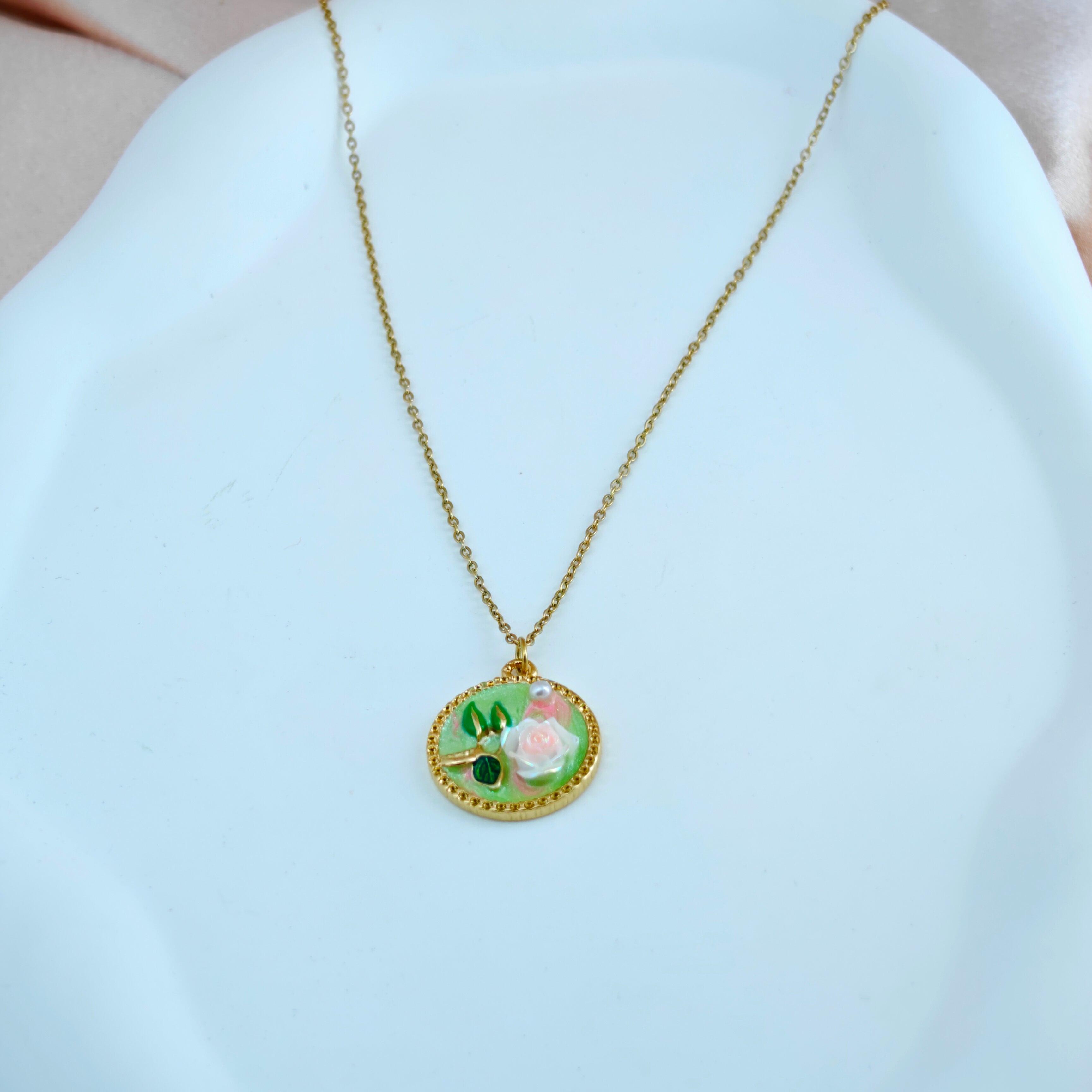 Round Enamel Rose Pendant Necklace  Anti-Tarnish Korean Jewelry